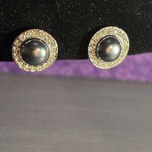 Vintage Rhinestone Pearl Dome Clip-On Earrings Silver Tone Jewelry Large A106
